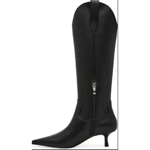 Steven New York Britt Black Pointed Toe Knee High Kitten Heel Western Boots 6M - Picture 1 of 8