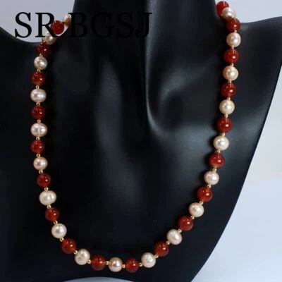 Moda 8-9mm Redondo Rosa Perla de Agua Dulce y 8mm Piedras Preciosas Collar Ajustable 18" Foto 1 de 4