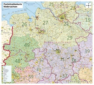 XL Postleitzahlenkarte PLZ von Niedersachsen, Poster, 110 cm X 100 cm - Bild 1 von 9
