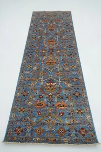 3 x 9 ft Blue Waziri Afghan Hand knotted Transitional Oriental Runner Rug - Picture 1 of 17