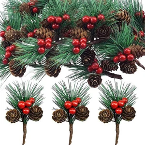 10Pcs Artificial Flower Christmas Berrys And Pines Cone With Holly Branch Decor - Picture 1 of 27