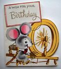 50's Mouse at spinning wheel quilting emboss Vintage Birthday greeting card *G11