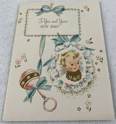 Tarjeta vintage de felicitación cinta azul para usted y para su bebé una tarjeta de sol Foto 1 de 4