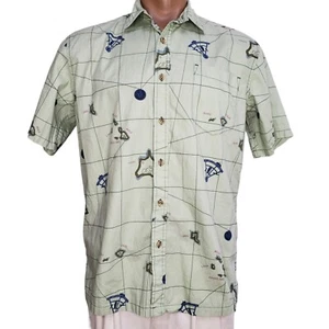 Cooke Street S/S Hawaiian Shirt Medium Green Map Print Aloha Pocket Cotton - Picture 1 of 6