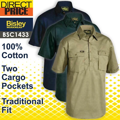 BISLEY Mens Short Sleeve Work Shirt BSC1433 100% Cotton Drill Closed Front NEW - image 1 of 4