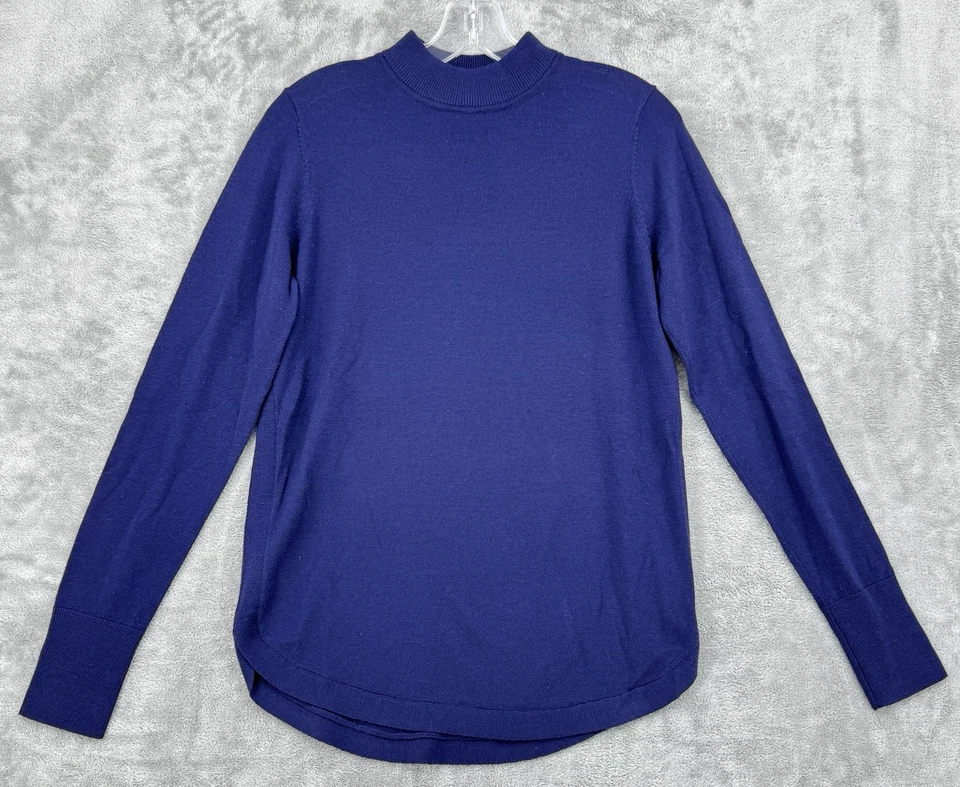 Suéter largo alto Sally para mujer pequeño suéter de lana merino tejido ligero azul Foto 1 de 4