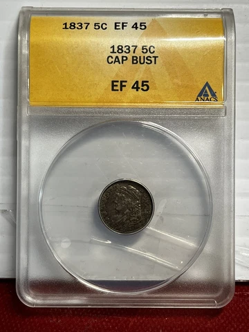 1837 Capped Bust 5 Cent Half Dime Silver ANACS EF 45 Cap Only 871,000 Mintage Cover