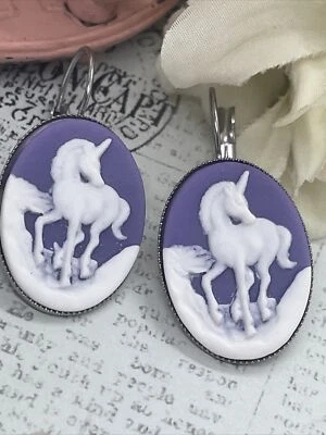 Purple White Unicorn Silver Plate Earrings Cameo Birthday Gift Bridal Daughter - Image 1 of 4