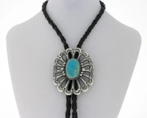 Natural Royston Turquoise Bolo Tie By Navajo Artist Harrison Bitsue - Picture 1 of 4