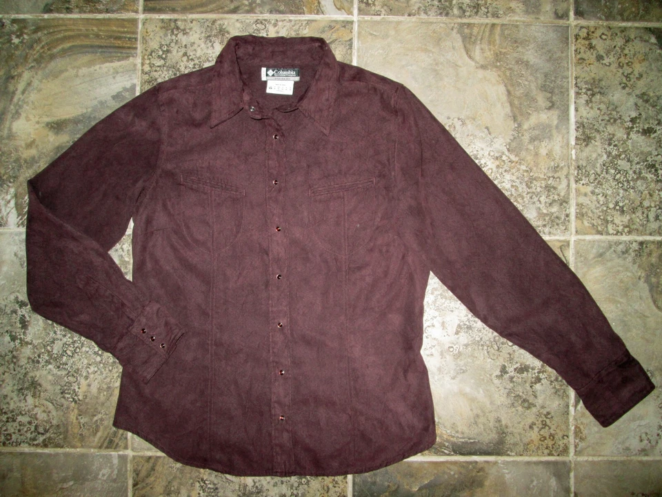 Camisa feminina Columbia XCO pequena pérola encaixe marrom camurça sintética couro ocidental - Imagem 1 de 4