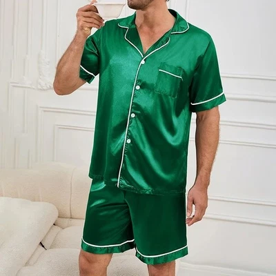 Elegante conjunto de pijama de satén de seda para hombre suave manga corta ropa para dormir pijamas bordados Foto 1 de 4