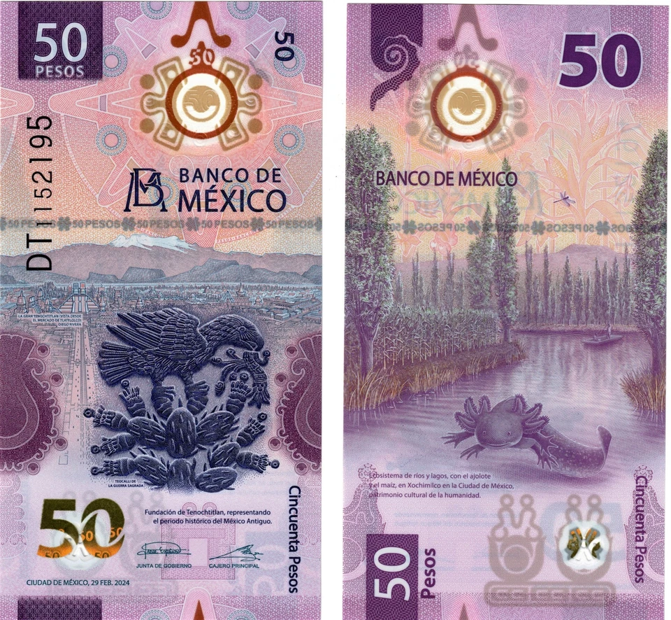 2024 Mexico 50 Pesos P133 UNC Polymer Axoloti Reptile Feb 29th Cantellano - Image 1 of 1