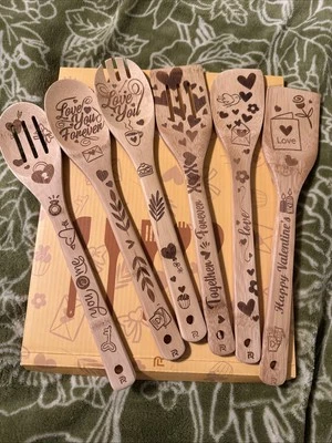 Riveira Juego de 6 cucharas de San Valentín Love You espátula de cocina de madera de bambú Foto 1 de 4