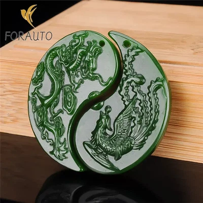 1 par de colgantes auspiciosos de dragón Fénix Fengshui chino tallado a mano de jade  Foto 1 de 4