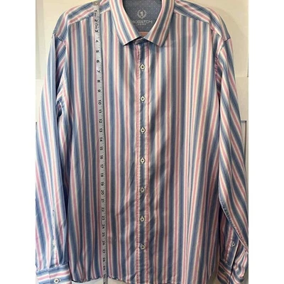 BUGATCHI UOMO Mens Pink Blue Striped Button Down Long Sleeve Dress Shirt - Image 1 of 4