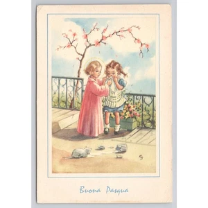 Postal de Pascua vintage Buona Pasqua niños ratón italiano - Imagen 1 de 2