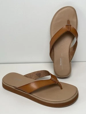 Old Navy Sandals Thong Brown Tan Slip On Faux Leather Footwear Flat Women's 8 - Image 1 of 4