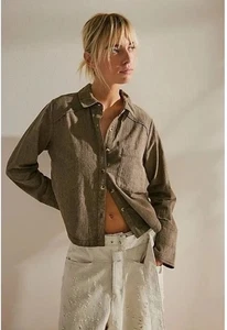 We The Free People Classic Oxford Button Top Crop Brown Neutral Anthropologie S - Picture 1 of 15