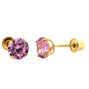 14K Gold Studs Earrings October Birthstone Pink CZ Screw back Studs