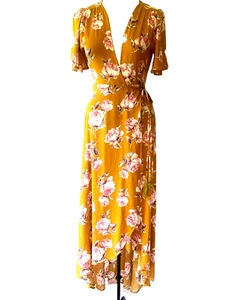 LOVE CULTURE Women's S Mustard Floral Poly Maxi DressWith Uneven Hem And Tassels - Picture 1 of 10