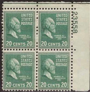US Stamp 1938 20c James Garfield Plate Block of 4 Stamps Scott #825 NH - Picture 1 of 1