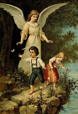 GUARDIAN ANGEL with Boy - Girl  & Butterfly 5" x 7" Print Picture to be framed