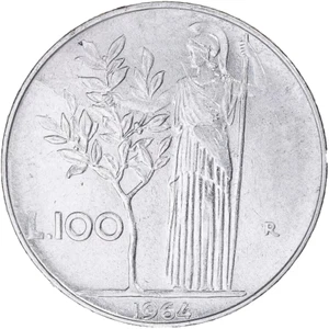1964 ITALY - 100 Lire UNC Italian Collectible Coin - Minerva (Athena) / W-Spear - Picture 1 of 2