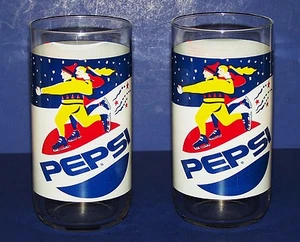 RARE Vintage PEPSI Pair of Drinking Glasses ICE SKATERS Red White Blue Olympics - Picture 1 of 3