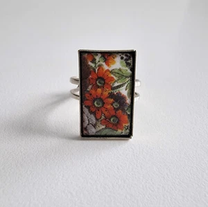 70er Ring Rechteck Blüten rot Natur Emaille Vintage Schmuck Handarbeit Hippie - Picture 1 of 5