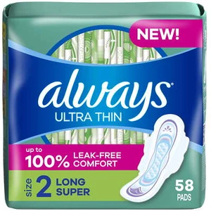 Always Ultra Thin Pads with Wings, Size 2, Long Super Absorbency, 58 CT - Picture 1 of 9