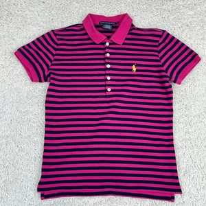 Ralph Lauren Sport Polo Shirt Girls Youth SZ L Burgundy Blue Striped Slim Fit - Picture 1 of 9