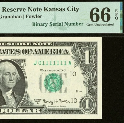 1963A $1 FRN Kansas City PMG 66EPQ - Near Solid Binary Serial Number 01111111 - Image 1 of 3