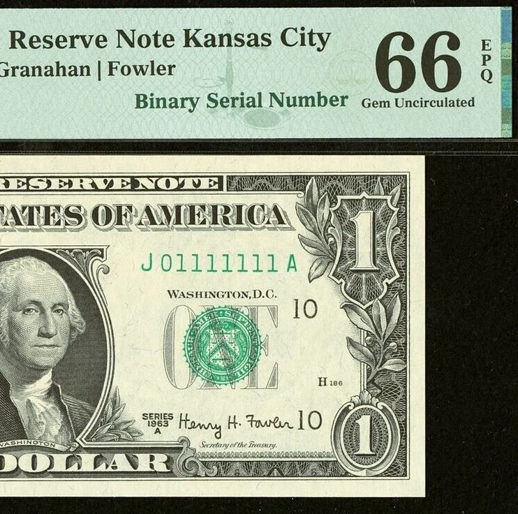 1963A $1 FRN Kansas City PMG 66EPQ - Near Solid Binary Serial Number 01111111 - Image 1 of 3