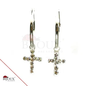 Orecchini Argento 925 Cerchio Pendente Croce 1.2 x 14 mm Uomo Donna Ragazze  - Foto 1 di 2