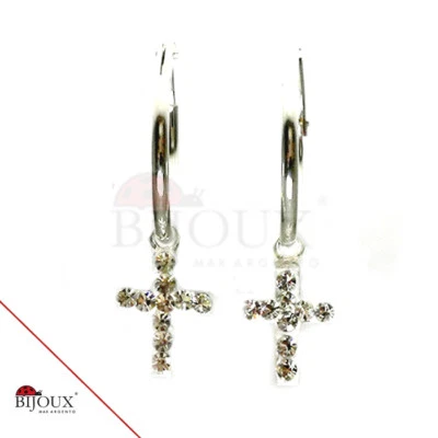 Orecchini Argento 925 Cerchio Pendente Croce 1.2 x 14 mm Uomo Donna Ragazze  - Immagine 1 di 2