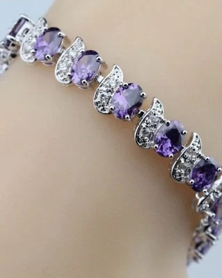 Pulsera de piedras preciosas de tenis plata esterlina flanqueada topacio blanco amatista púrpura  Foto 1 de 4