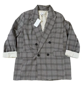 A New Day M Medium Brown Plaid Double Breasted Blazer Beige Dress Jacket Women - Picture 1 of 13