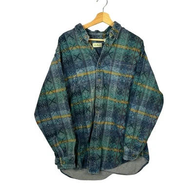 Vintage 90s LL Bean Mens X-Large Tall Aztec Flannel Button Up Shirt Blue Green - Image 1 of 4