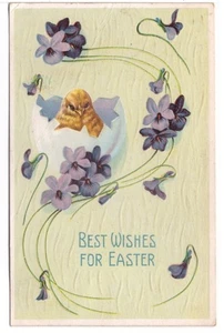 Best Wishes For Easter, Flowers, Hatched Chick, Vintage 1911 Embossed Postcard - Picture 1 of 2