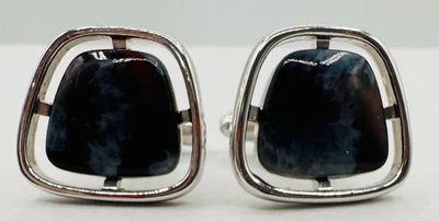 Abotoaduras vintage Hickok Pietersite tom prateado pedra marmorizada vermelha azul branca EUA - Imagem 1 de 4