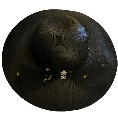 Vintage ARLIN Women's Black Straw Hat W/ Gold Accents Sunday Church Ky Derby - Image 1 of 4