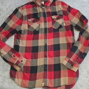 Vans Slim Fit Button Up Flannel Shirt Men XL Red Black Brown Runs Small Rugged - Picture 1 of 11