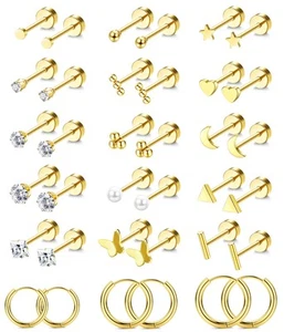 Small Hypoallergenic Flat Back Stud Earrings for Women Men 14K Gold Surgical ... - Picture 1 of 7