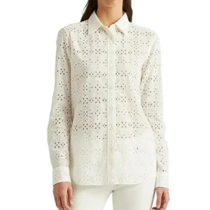 LAUREN RALPH LAUREN Petite Cotton Eyelet Buttoned Top in White, Size S - Bild 1 von 4