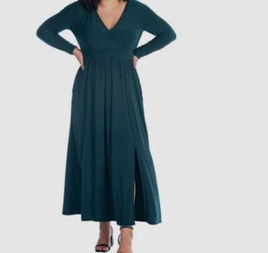 24Seven Comfort Women Green Apparel Long Sleeve Side Slit Maxi Dress Plus Sz 1X - Picture 1 of 2