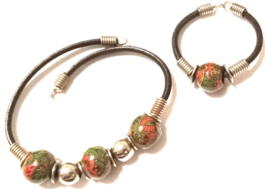 Leather Necklace & Bracelet Set With Ceramic & Steel Beads - Imagem 1 de 1