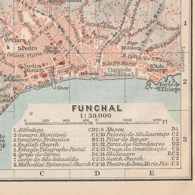 FUNCHAL MADEIRA  1911  Portugal Original  Map City plan  MADEIRA Lithograph - Image 1 of 4