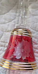 Vintage Glass Hand Dinner Bell Cranberry Red Etched Cut Crystal 6 Bands Gold EC - Picture 1 of 8