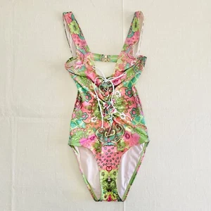 WILDFOX Resort 13 Green Floral Retro Style Bathers Swim Suit One Piece Size XS/S - Picture 1 of 6