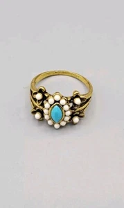 Bohemian Aged Gold Women's Ring Size 11  White And Turquoise Flowers Shaped  - Picture 1 of 9